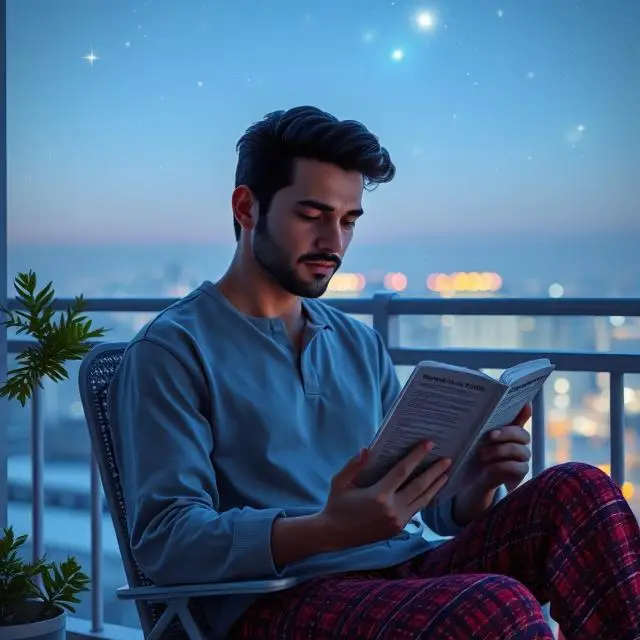Person reading articles and blogs on a tablet under a starry sky, feeling inspired and relaxed.