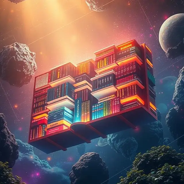 A digital library galaxy with glowing books and data streams representing articles and blogs in a futuristic space.